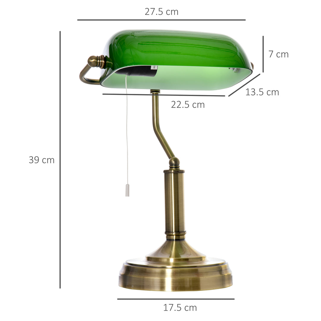 HOMCOM Banker's Table Lamp Desk Lamp with Antique Bronze Base, Green Glass Shade and Pull Rope Switch for Home Office,  Living Room,Dining Room