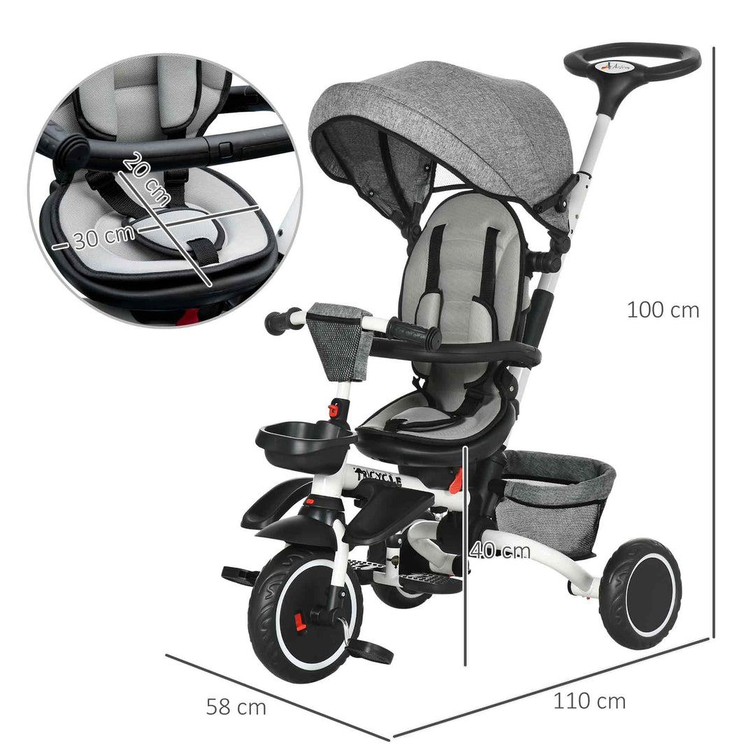 Multifunctional Kids Tricycle, with Rotatable Seat, Adjustable Push Handle - Grey