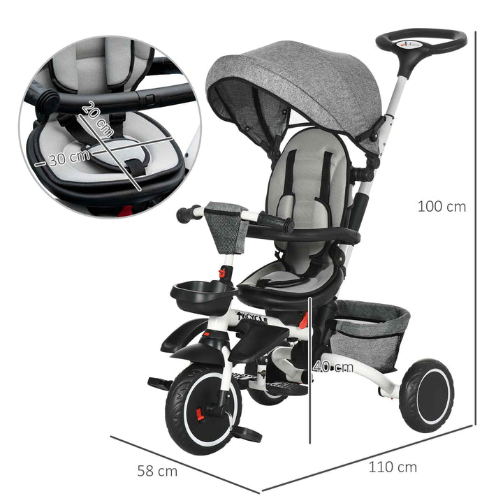 Multifunctional Kids Tricycle, with Rotatable Seat, Adjustable Push Handle - Grey