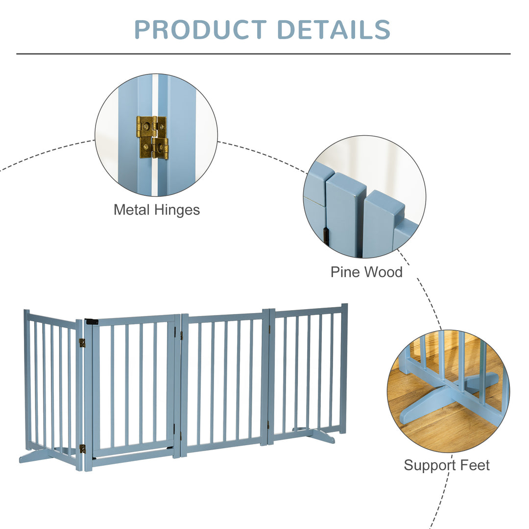 Pet Gate for Small and Medium Dogs, Freestanding Wooden Foldable Dog Safety Barrier with 4 Panels, 2 Support Feet for Doorways, Stairs, Blue