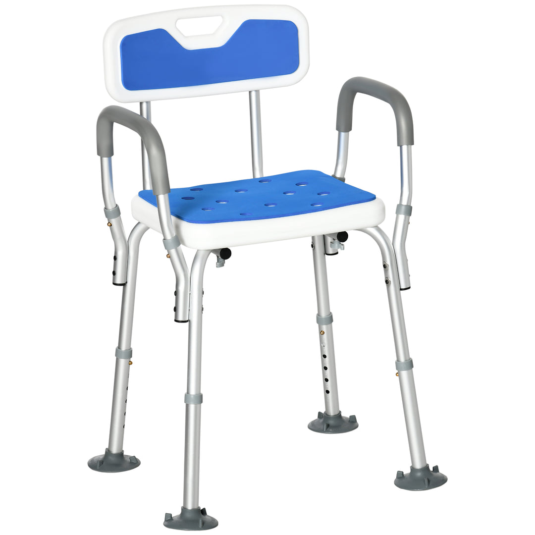 EVA Padded Shower Chair for the Elderly and Disabled, Height Adjustable Shower Stool with Back and Arms, 4 Suction Foot Pads, Blue