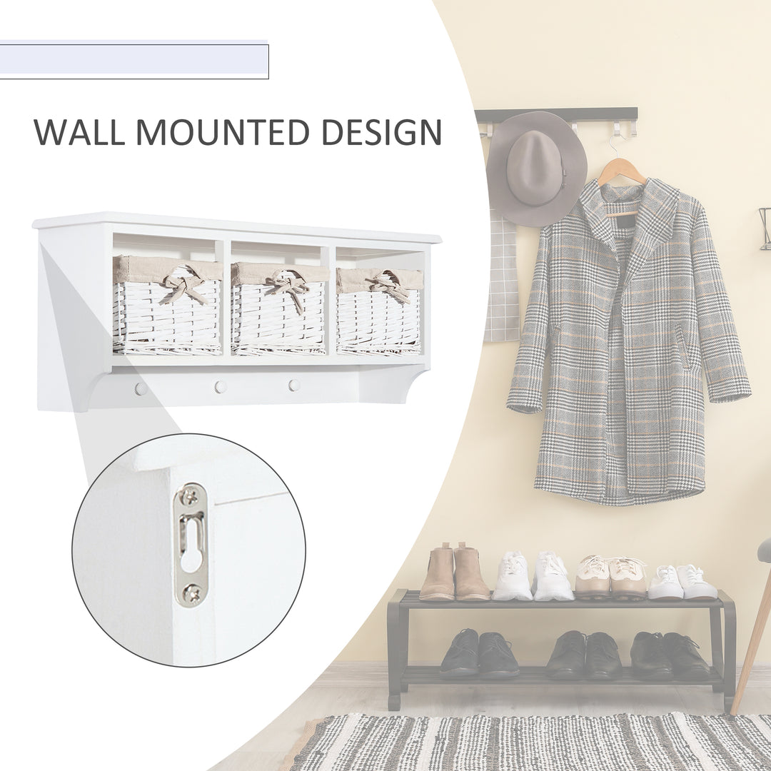 Entryway Coat Rack Wall Mounted Shelf w/Wicker Basket and Hooks (3 Baskets, White)