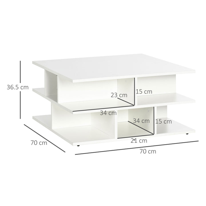 Square Coffee Tables for Living Room, Modern Cocktail Table with Multiple Storage Shelves, 70 x 70 x 36.5 cm, White