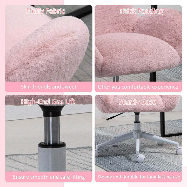 Fluffy Leisure Chair Office Chair with High Back and Armrest for Home Bedroom Living Room with Wheels, Pink