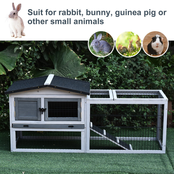 Small Animal Two-Level Fir Wood Hutch w/ Ramp Burnt Grey