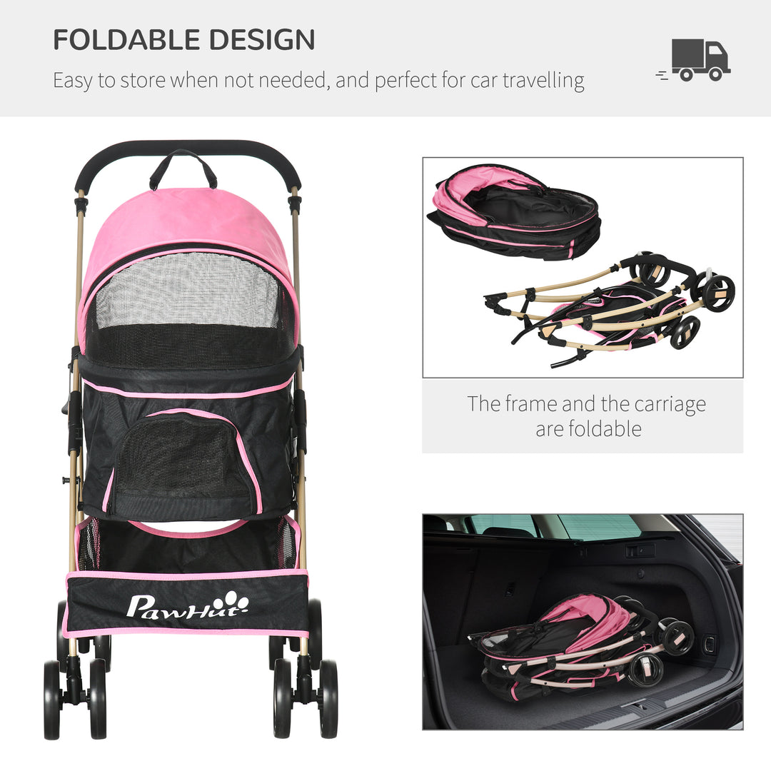 PawHut Detachable Pet Stroller, 3-In-1 Dog Cat Travel Carriage, Foldable Carrying Bag with Universal Wheel Brake Canopy Basket Storage Bag, Pink