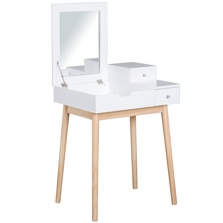 Pine Dressing Table Desk Flip-up Mirror Multi-purpose 2 Drawers Modern - White