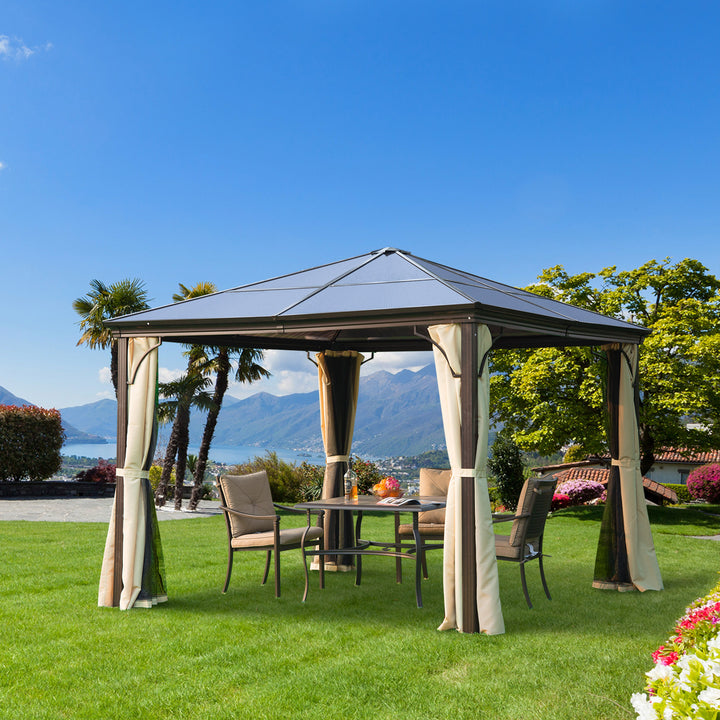 3 x 3(m) Hardtop Gazebo Canopy with Polycarbonate Roof and Aluminium Frame, Garden Pavilion with Mosquito Netting and Curtains, Brown