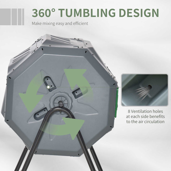 160L Tumbling Compost Bin Outdoor Dual Chamber 360° Rotating Composter w/ Sliding Doors & Solid Steel Frame, Grey