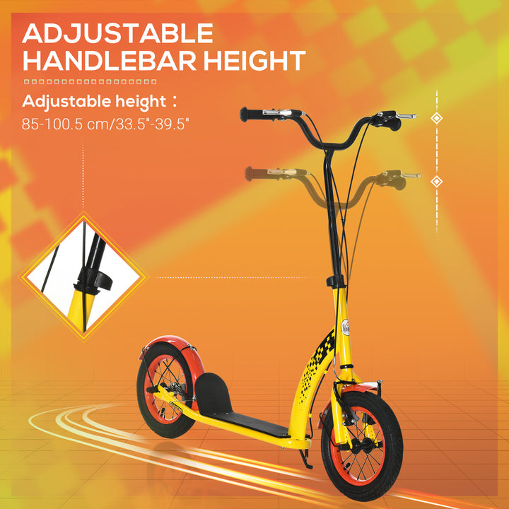 Kids Kick Scooter, w/ Adjustable Height, Front Rear Dual Brakes, 12 Inch Inflatable Rubber Wheels, for Ages 5+ Years - Yellow