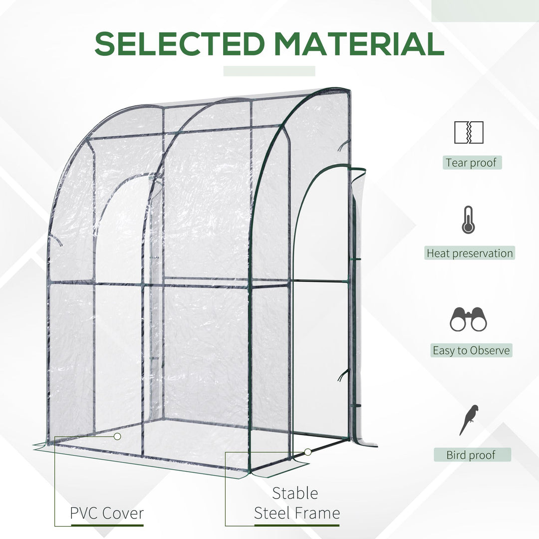 Outsunny Walk-In Greenhouse Lean to Wall Tunnel Greenhouse with Zippered Roll Up Door PVC Cover Sloping Top, 143 x 118 x 212 cm