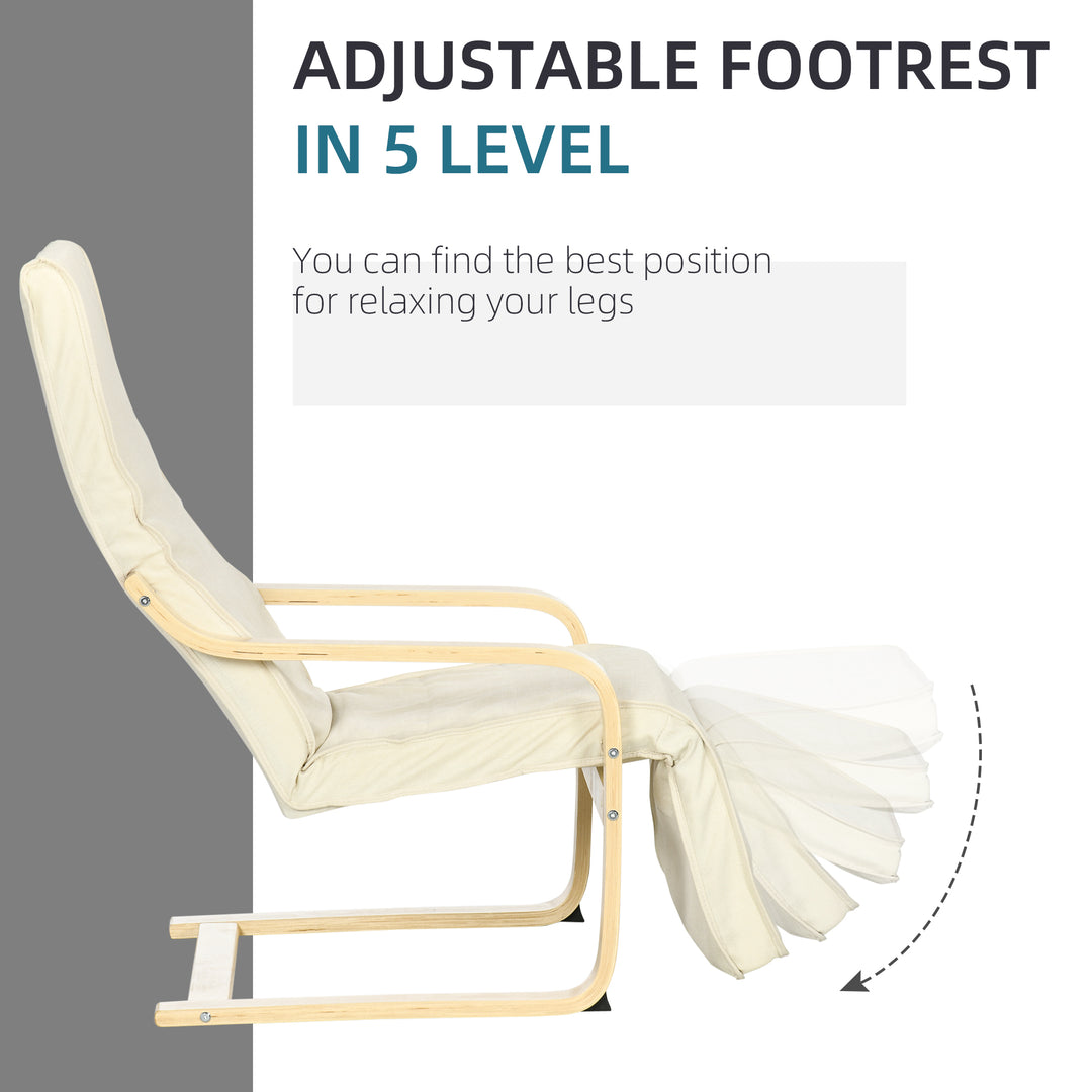 Wooden Lounging Chair Deck Relaxing Recliner Lounge Seat with Adjustable Footrest & Removable Cushion, Cream White